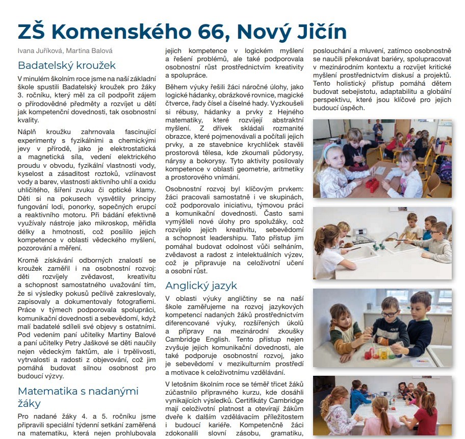 Dlouhodobá práce s nadanými žáky: o naší škole píše časopis Mensa